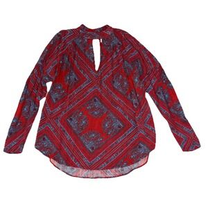 Free People Top Women's S Red Blue Keyhole Walking On A Dream Peasant Boho *flaw